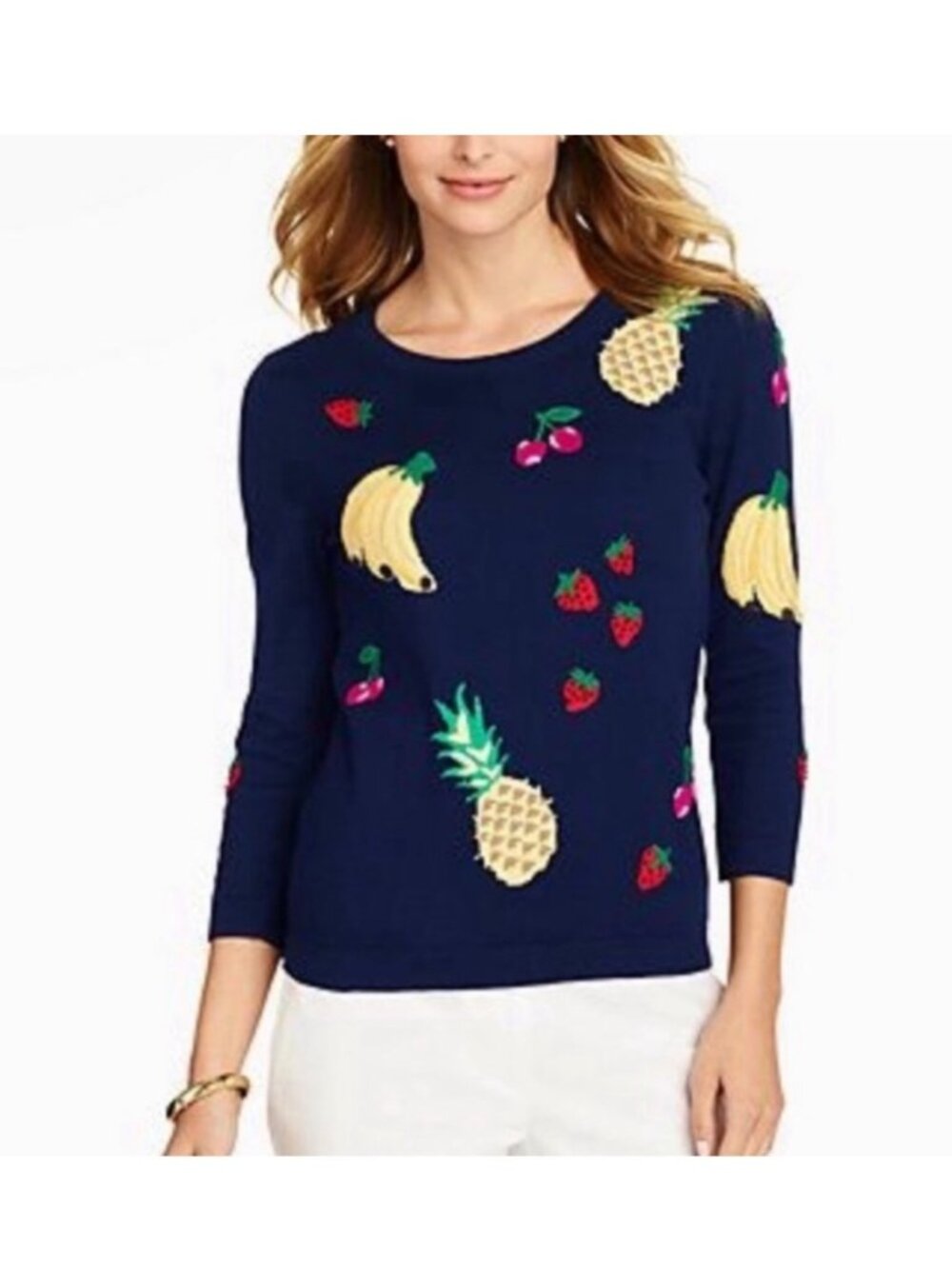 Talbots Navy Blue Beaded Fruit Sweater Banana Pineapple Strawberry Size SP